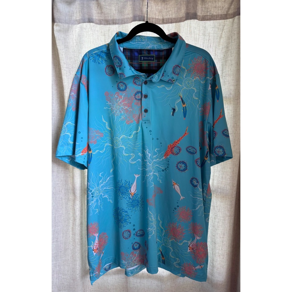 William Murray Golf Shirt Mens XXL Blue Under The Sea Ocean Fish Polo Stretch